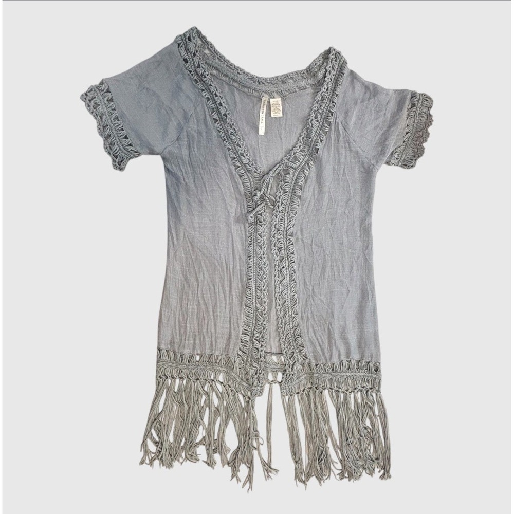 Forgotten Grace Crochet Trim Tie Front Cardigan Duster Fringe Gray Boho Size L